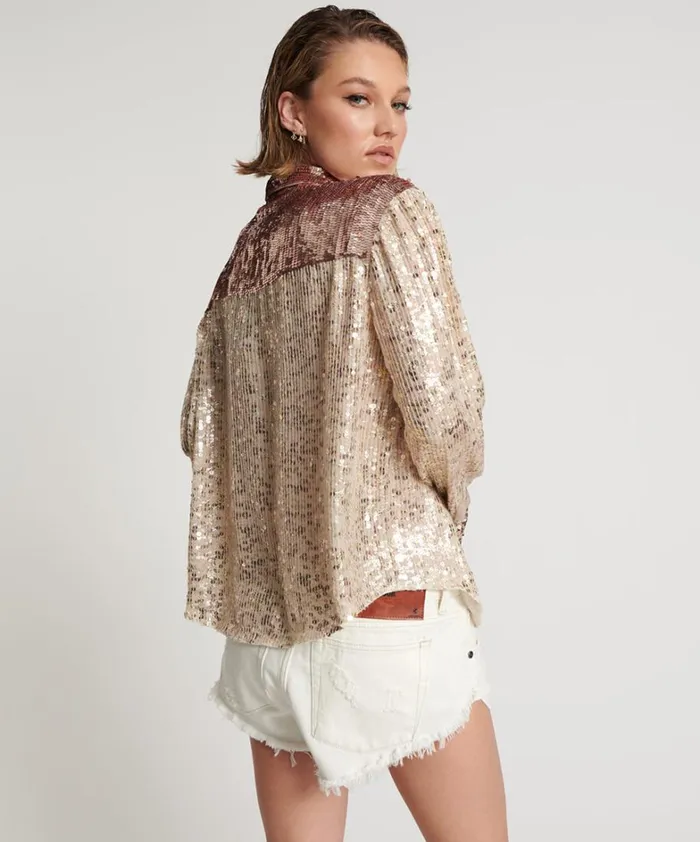 One Teaspoon Shirts ROSE GOLD HAND SEQUIN WESTERN SHIRT 8211 Women One Teaspoon Shirts ROSE GOLD HAND SEQUIN WESTERN SHIRT 8211 Women