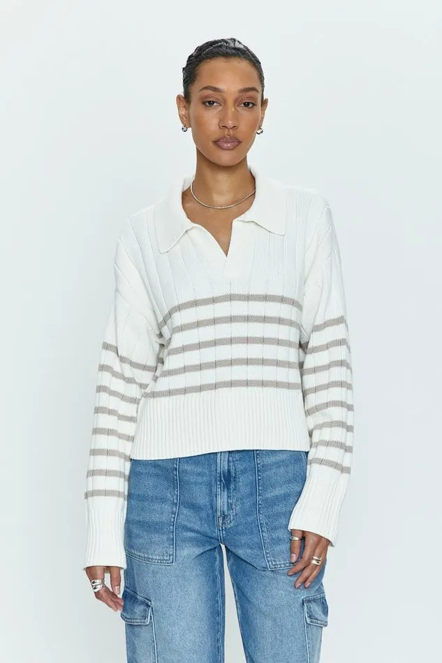 Pistola Denim Sweaters and Knits Women Arlo Polo SweaterEcru 8211 Taupe Stripe Ecru Taupe Stripe