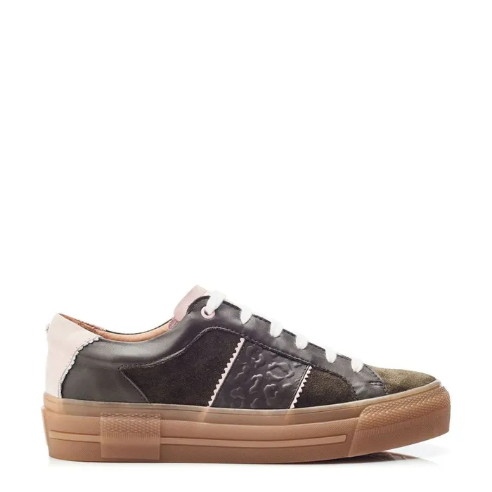 Platform Trainers Women Moda In Pelle Amande Khaki Leather