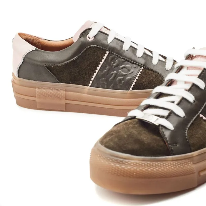 Platform Trainers Women Moda In Pelle Amande Khaki Leather