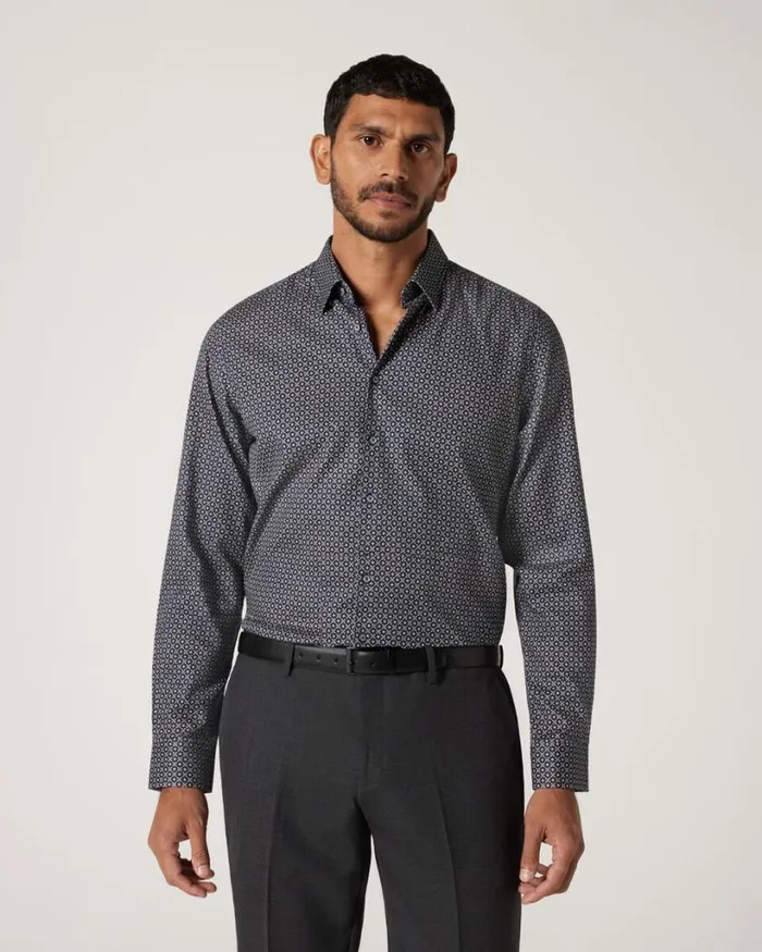 Politix Formal Shirts Men Slim Italian Floral Long Sleeve Shirt Navy