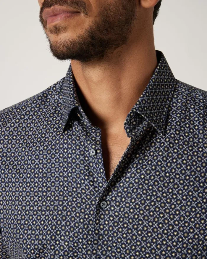 Politix Formal Shirts Men Slim Italian Floral Long Sleeve Shirt Navy