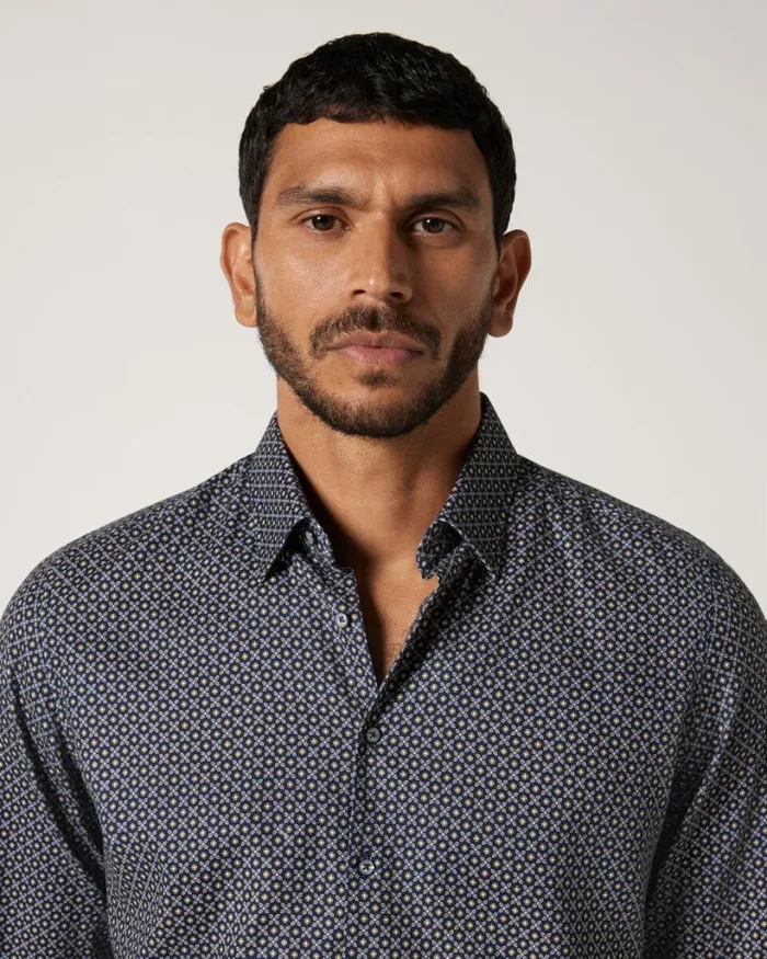 Politix Formal Shirts Men Slim Italian Floral Long Sleeve Shirt Navy
