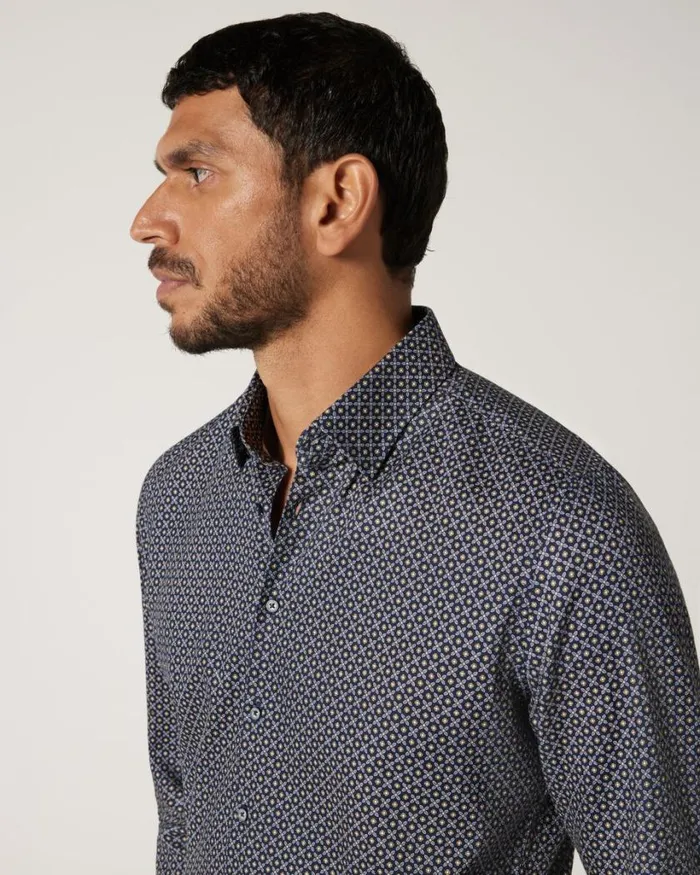 Politix Formal Shirts Men Slim Italian Floral Long Sleeve Shirt Navy