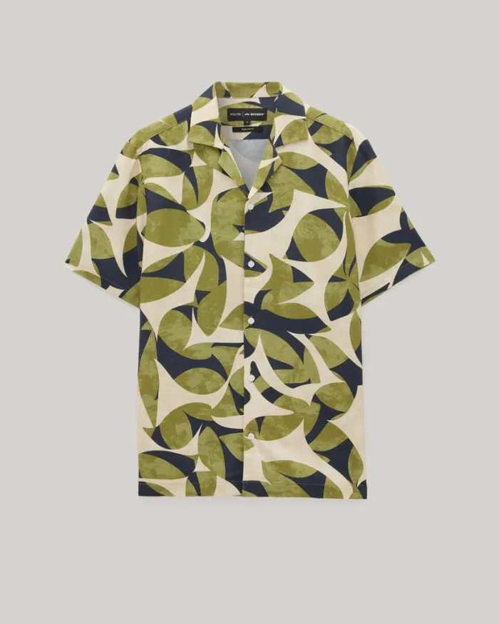 Politix Shirts Men Abstract Floral Movember Cuban Collar Shirt Khaki