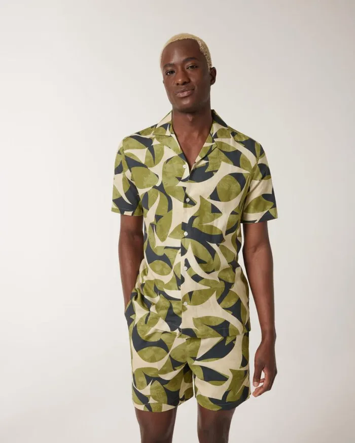 Politix Shirts Men Abstract Floral Movember Cuban Collar Shirt Khaki
