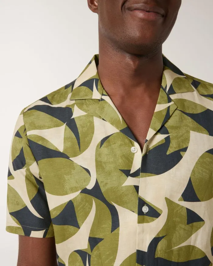Politix Shirts Men Abstract Floral Movember Cuban Collar Shirt Khaki