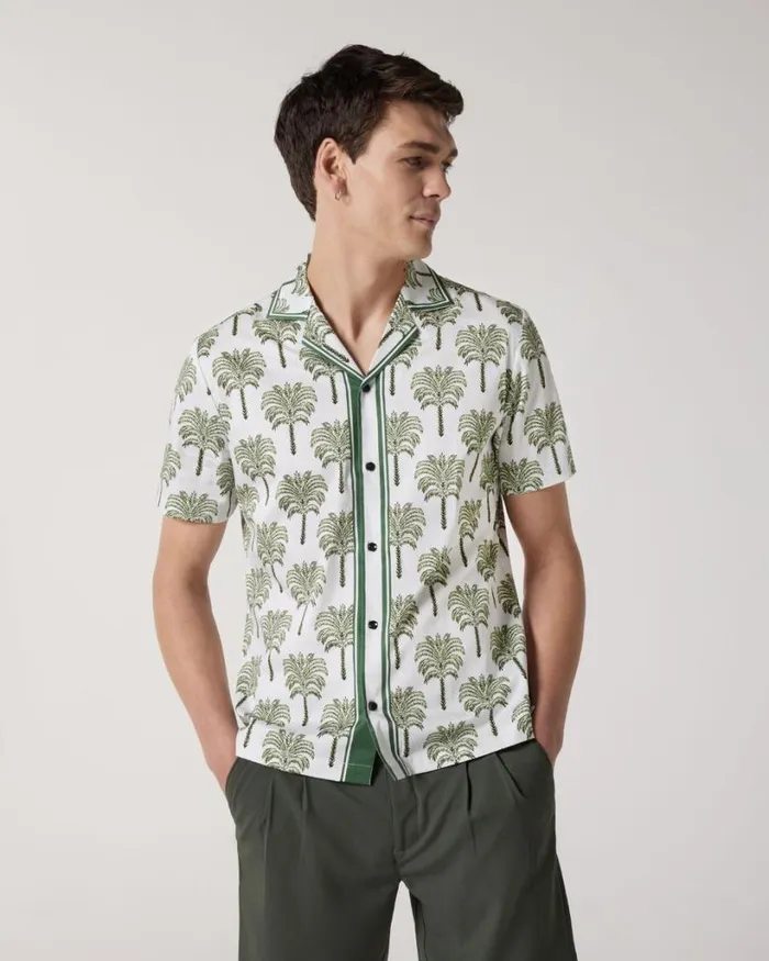Politix Shirts Men Camp Collar Tropical Print Short Sleeve Shirt Khaki