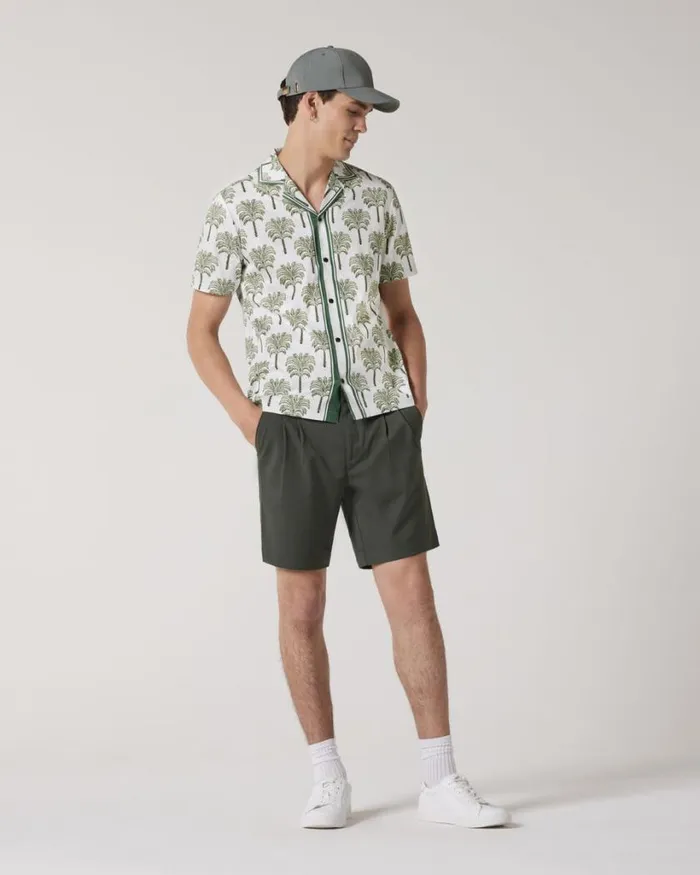 Politix Shirts Men Camp Collar Tropical Print Short Sleeve Shirt Khaki