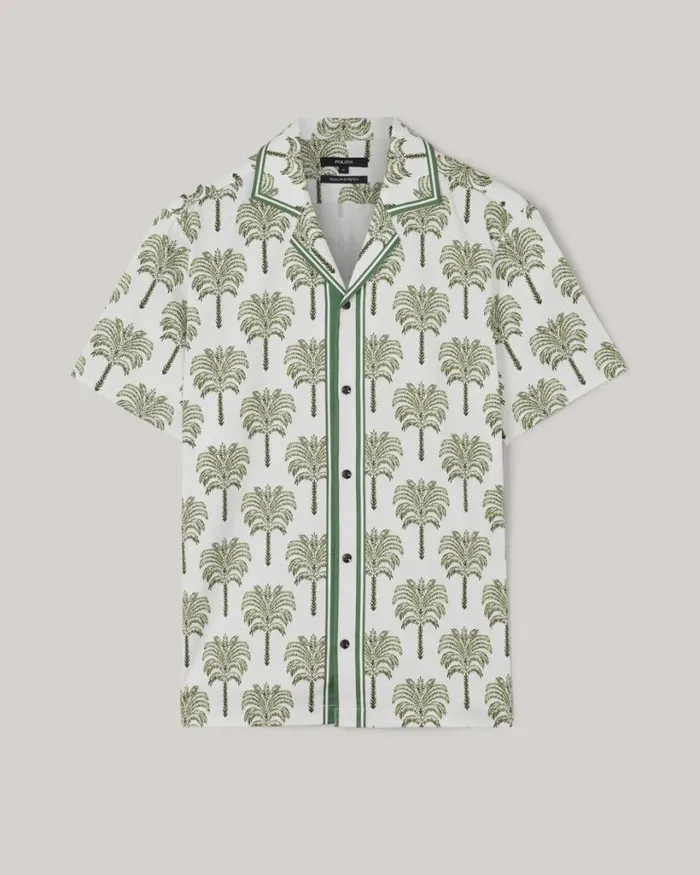Politix Shirts Men Camp Collar Tropical Print Short Sleeve Shirt Khaki