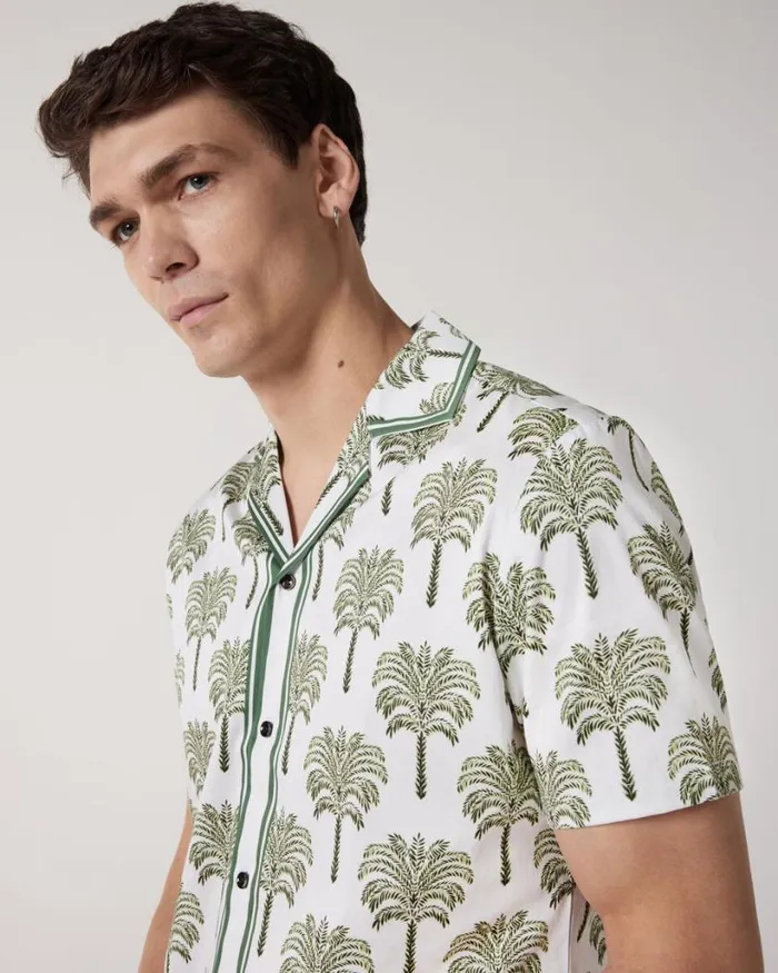 Politix Shirts Men Camp Collar Tropical Print Short Sleeve Shirt Khaki