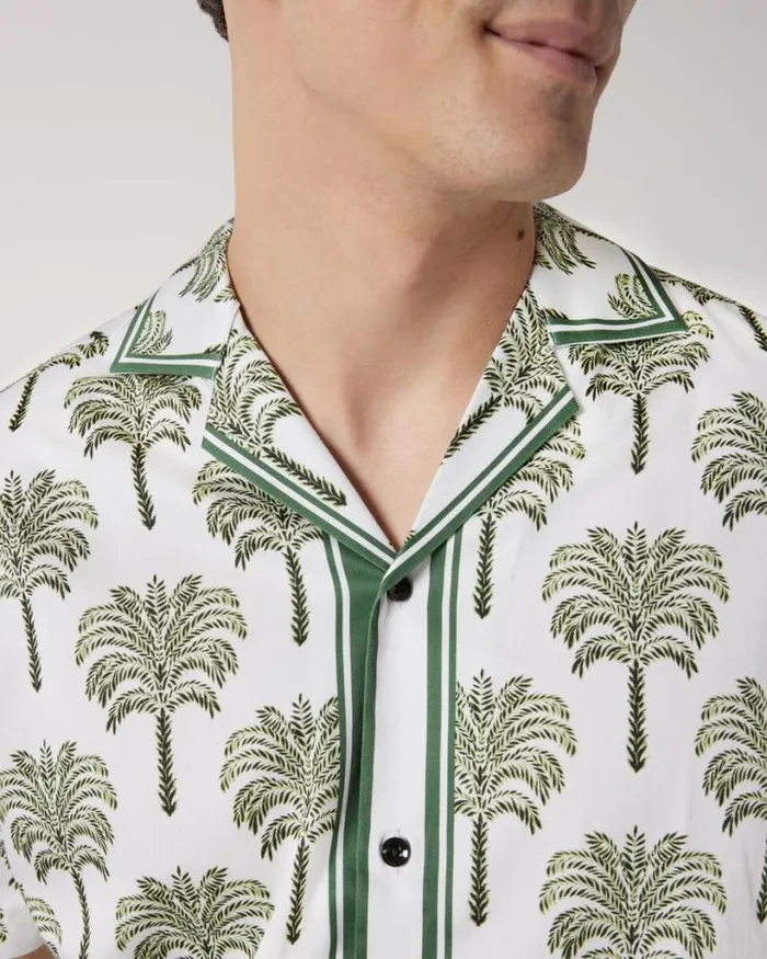 Politix Shirts Men Camp Collar Tropical Print Short Sleeve Shirt Khaki