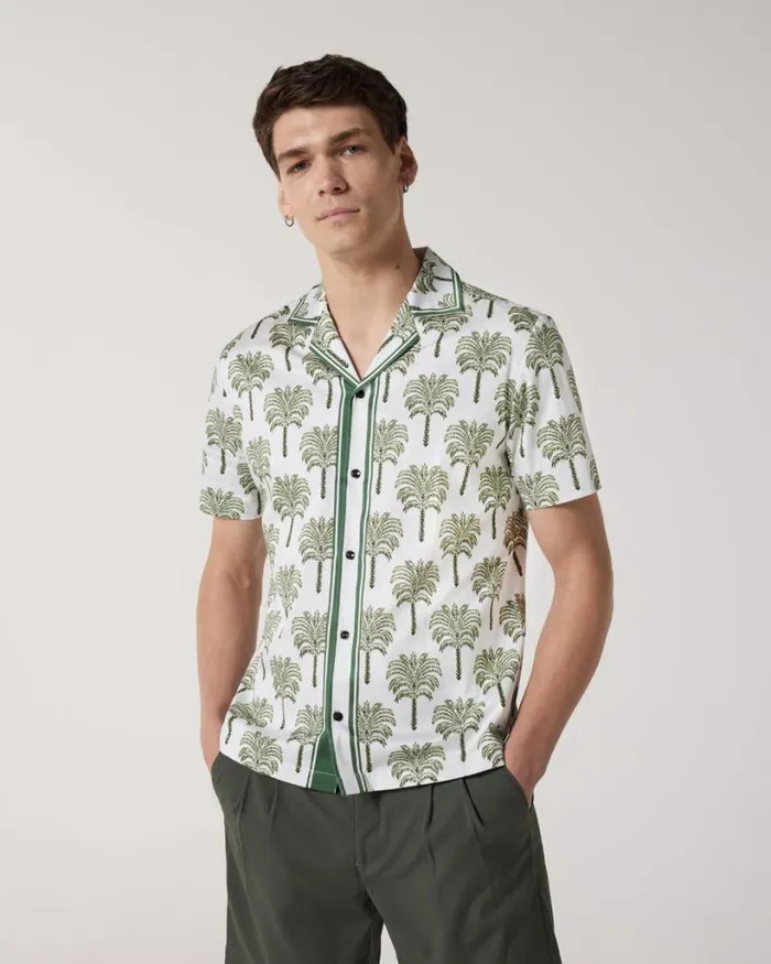 Politix Shirts Men Camp Collar Tropical Print Short Sleeve Shirt Khaki