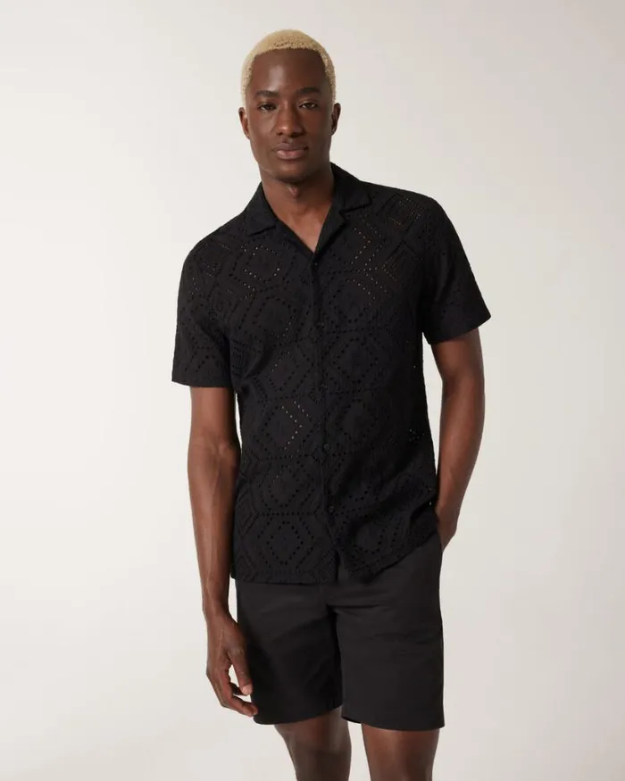 Politix Shirts Men Embroidery Cuban Collar Buttonup Shirt Black