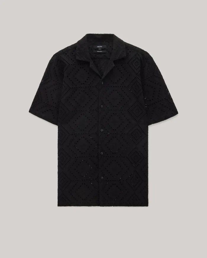 Politix Shirts Men Embroidery Cuban Collar Buttonup Shirt Black