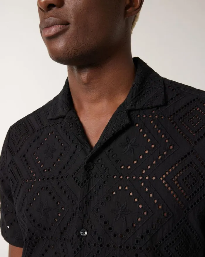 Politix Shirts Men Embroidery Cuban Collar Buttonup Shirt Black