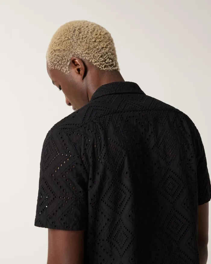Politix Shirts Men Embroidery Cuban Collar Buttonup Shirt Black