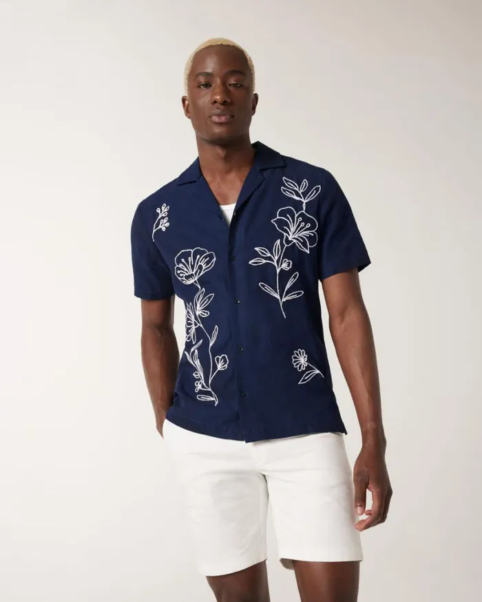 Politix Shirts Men Floral Embroidery Cuban Collar Shirt Navy