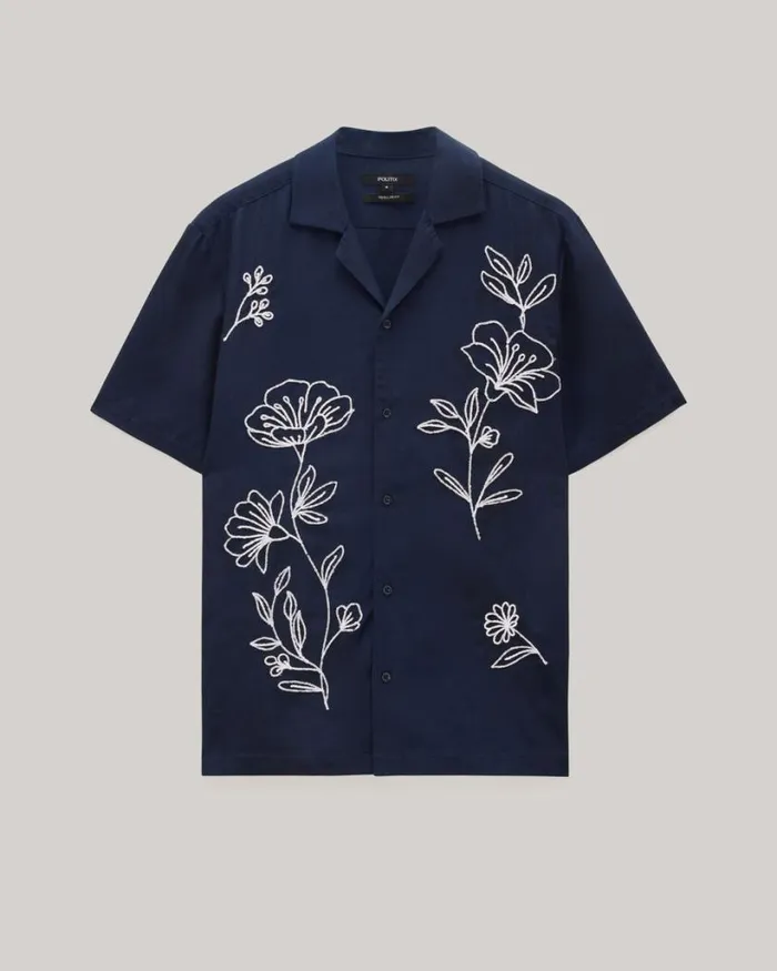 Politix Shirts Men Floral Embroidery Cuban Collar Shirt Navy