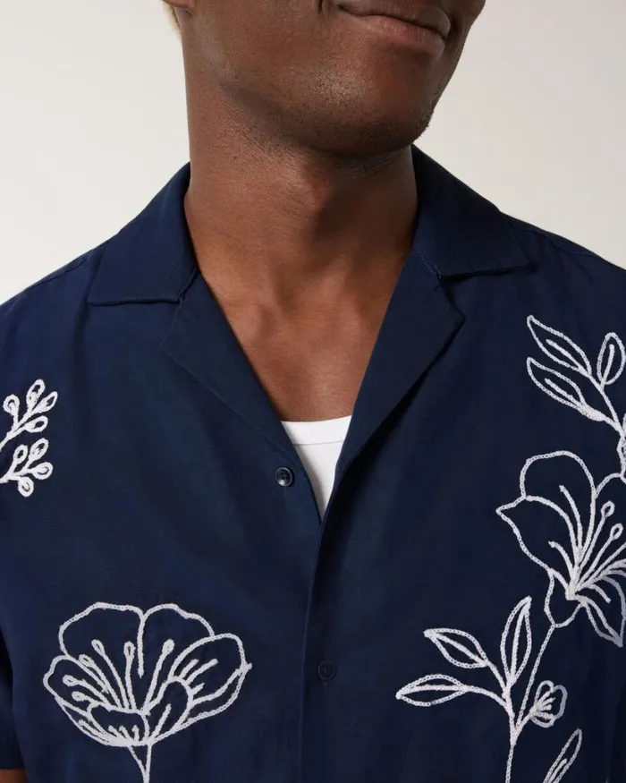 Politix Shirts Men Floral Embroidery Cuban Collar Shirt Navy