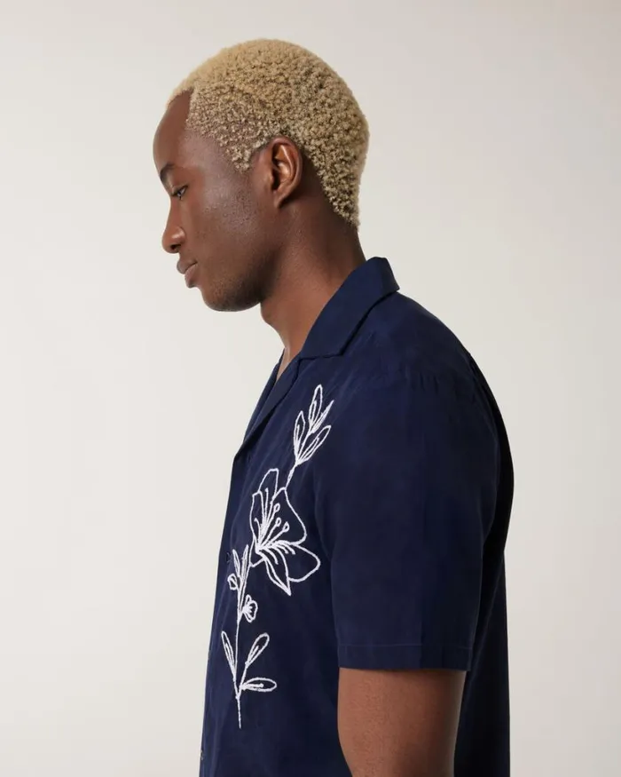 Politix Shirts Men Floral Embroidery Cuban Collar Shirt Navy