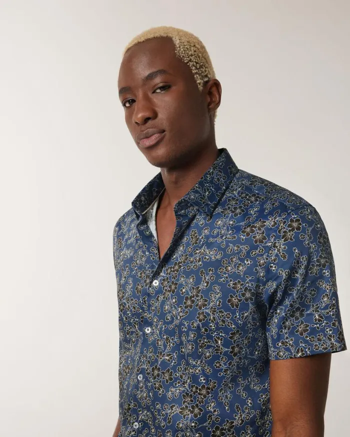 Politix Shirts Men Floral Satin Buttonup Shirt Blue
