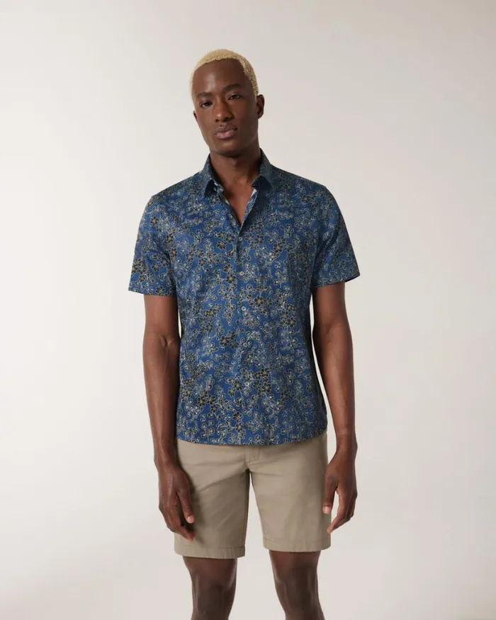 Politix Shirts Men Floral Satin Buttonup Shirt Blue