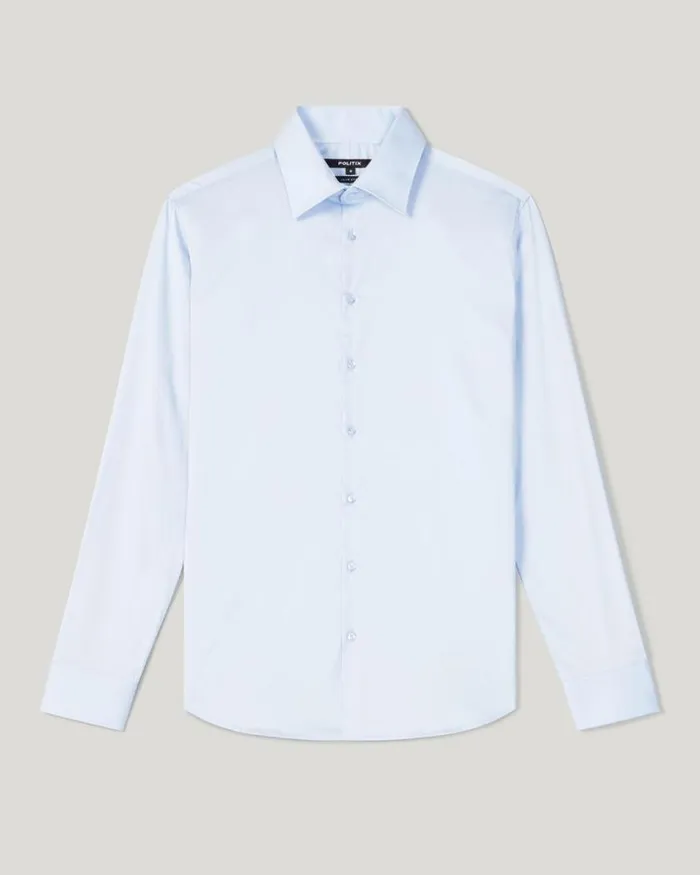 Politix Shirts Men Long Sleeve Regular Stretch Shirt Mid Blue