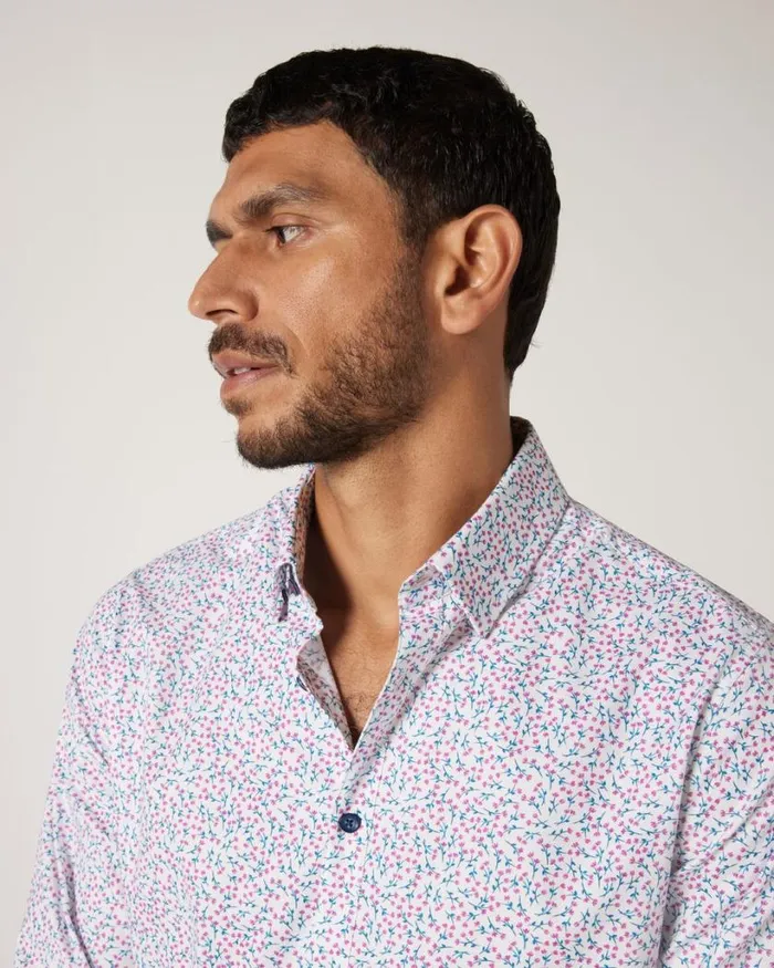 Politix Shirts Men Slim Stretch Floral Long Sleeve Shirt Blue