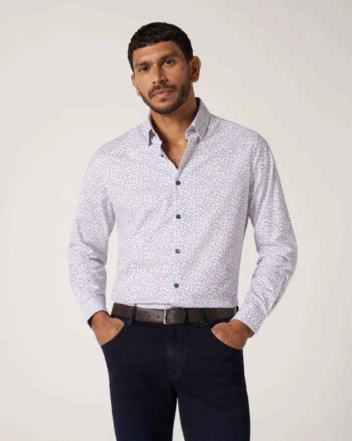 Politix Shirts Men Slim Stretch Floral Long Sleeve Shirt Blue