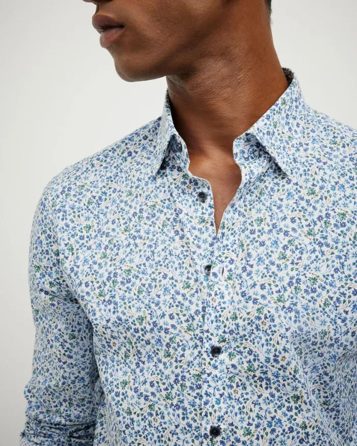 Politix Shirts Men Textured Floral Long Sleeve Shirt Blue