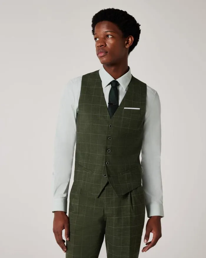 Politix Vests Men 5 Button Windowpane Check Tailored Vest Khaki Windowpane