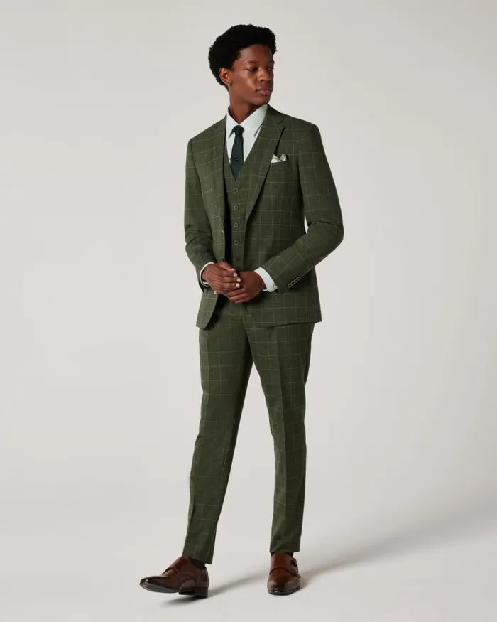 Politix Vests Men 5 Button Windowpane Check Tailored Vest Khaki Windowpane