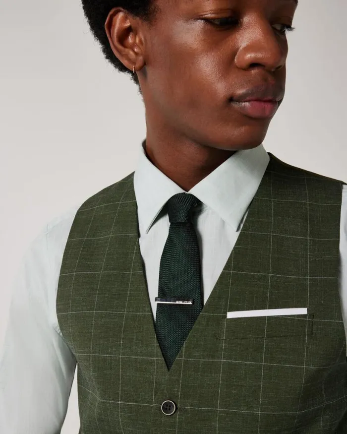 Politix Vests Men 5 Button Windowpane Check Tailored Vest Khaki Windowpane