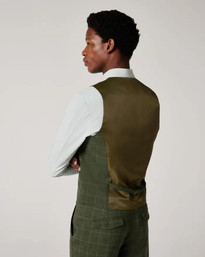Politix Vests Men 5 Button Windowpane Check Tailored Vest Khaki Windowpane
