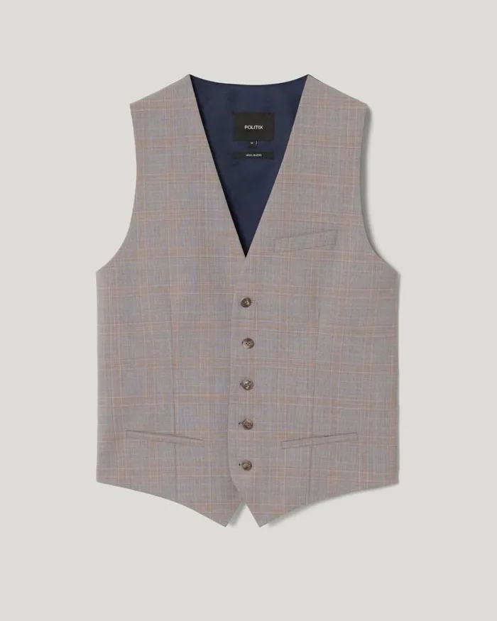 Politix Vests Men Wool Blend Tailored Vest Grey Check