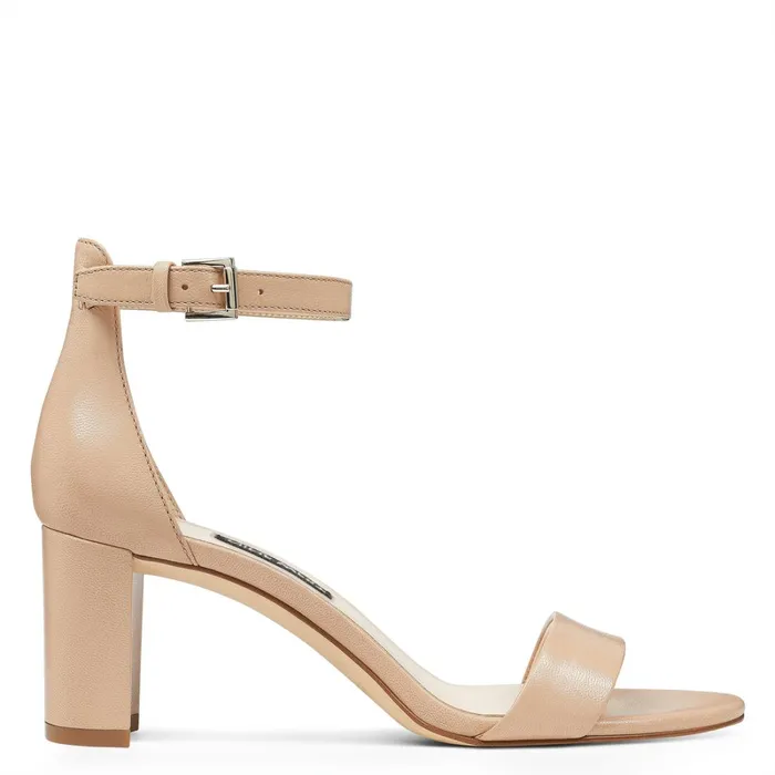 Pruce Ankle Strap Block Heel Sandals Barely Nude Leather Women Nine West Heeled
