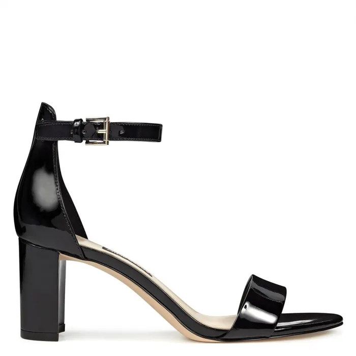 Pruce Ankle Strap Block Heel Sandals Black Patent Women Nine West Dress