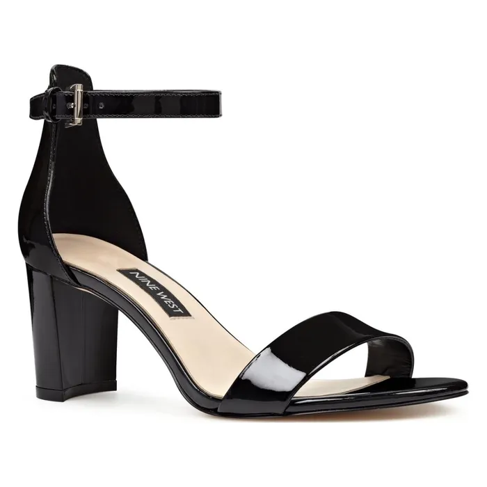 Pruce Ankle Strap Block Heel Sandals Black Patent Women Nine West Dress Pruce Ankle Strap Block Heel Sandals Black Patent Women Nine West Dress