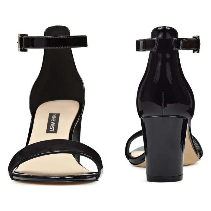 Pruce Ankle Strap Block Heel Sandals Black Patent Women Nine West Dress Pruce Ankle Strap Block Heel Sandals Black Patent Women Nine West Dress
