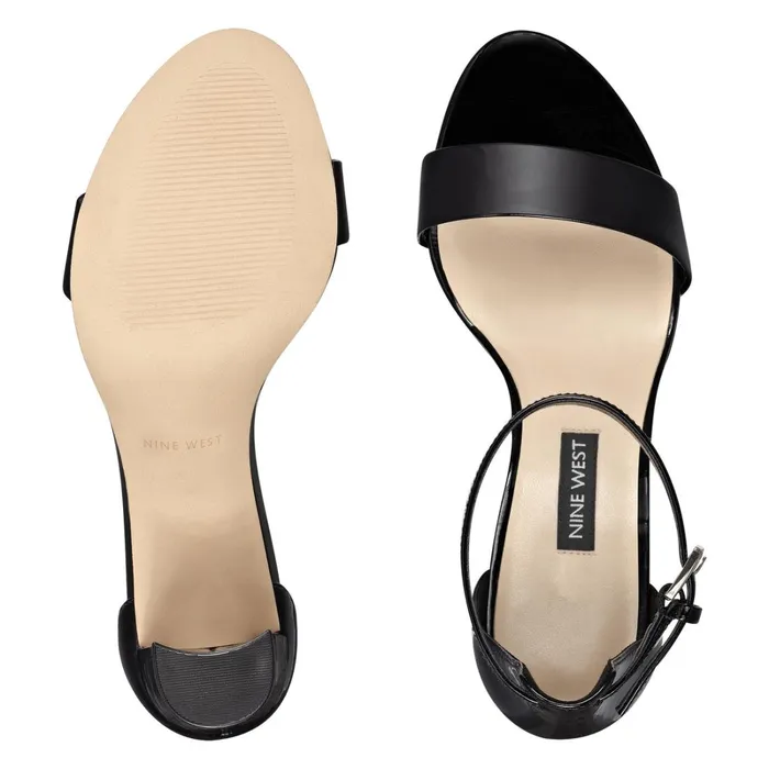 Pruce Ankle Strap Block Heel Sandals Black Patent Women Nine West Dress Pruce Ankle Strap Block Heel Sandals Black Patent Women Nine West Dress