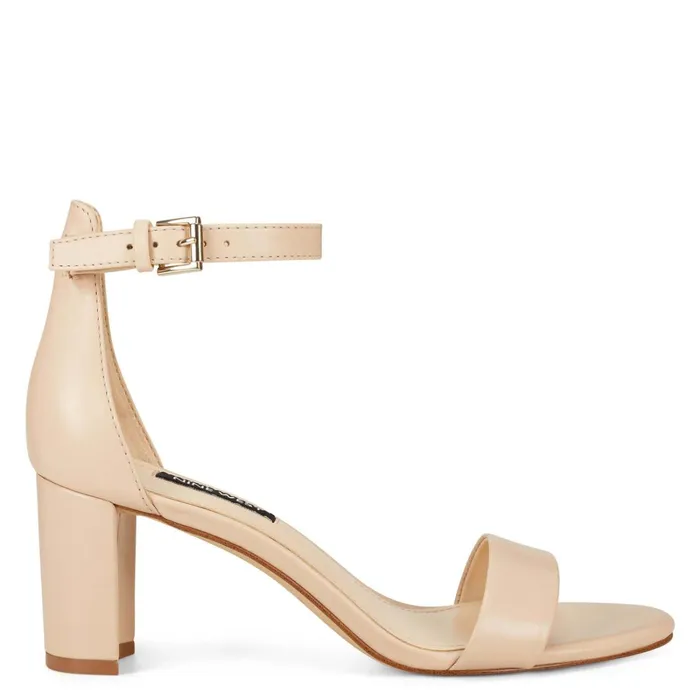 Pruce Ankle Strap Block Heel Sandals Ivory Leather Women Nine West Mid Heels