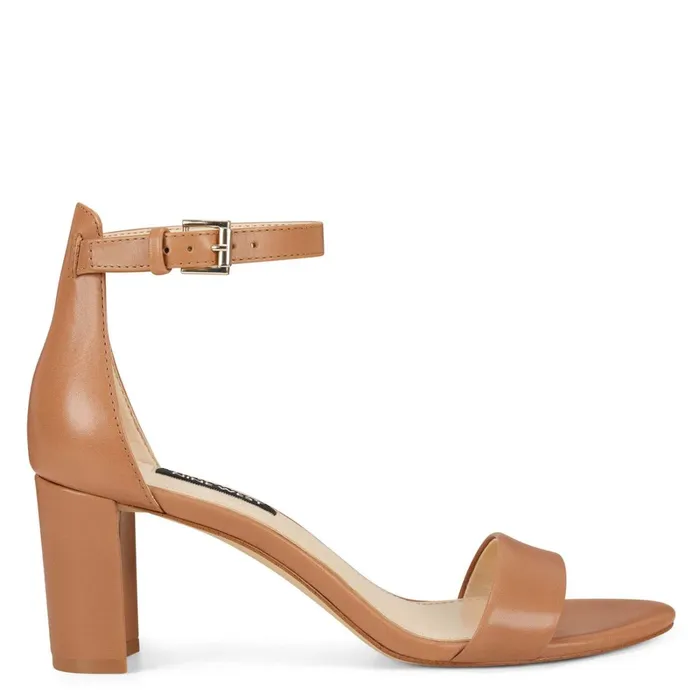 Pruce Ankle Strap Block Heel Sandals Natural Leather Women Nine West Heeled