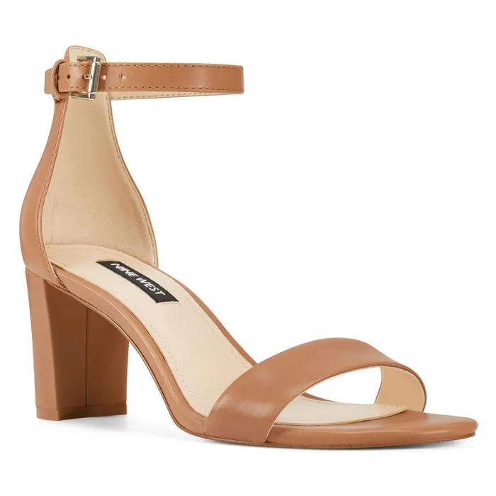 Pruce Ankle Strap Block Heel Sandals Natural Leather Women Nine West Heeled Pruce Ankle Strap Block Heel Sandals Natural Leather Women Nine West Heeled