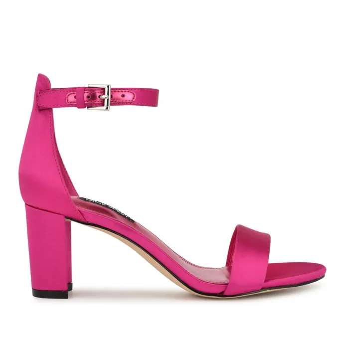 Pruce Ankle Strap Block Heel Sandals Pink Satin Women Nine West Heeled