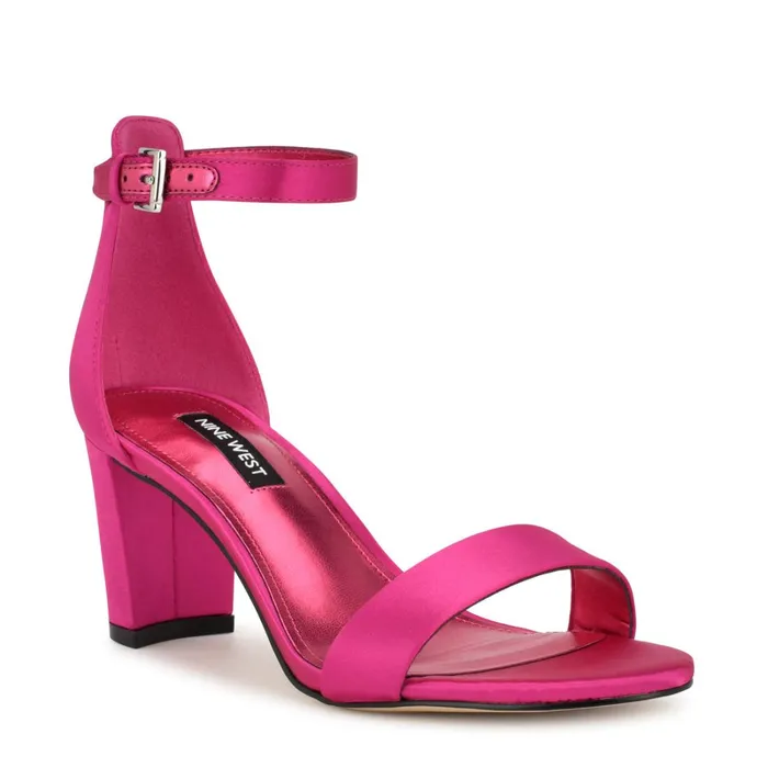 Pruce Ankle Strap Block Heel Sandals Pink Satin Women Nine West Heeled Pruce Ankle Strap Block Heel Sandals Pink Satin Women Nine West Heeled