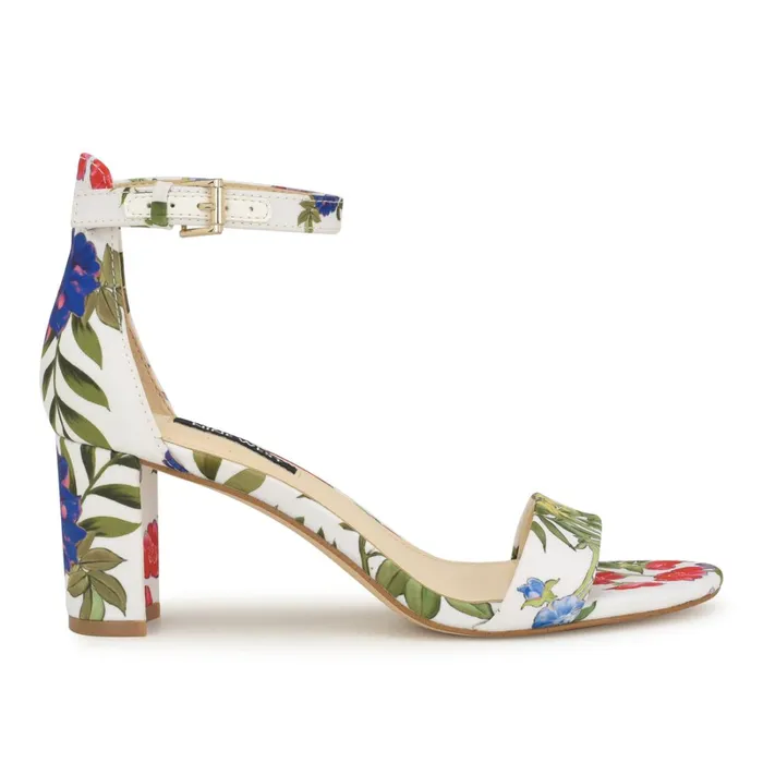 Pruce Ankle Strap Block Heel Sandals White Floral Women Nine West Mid Heels