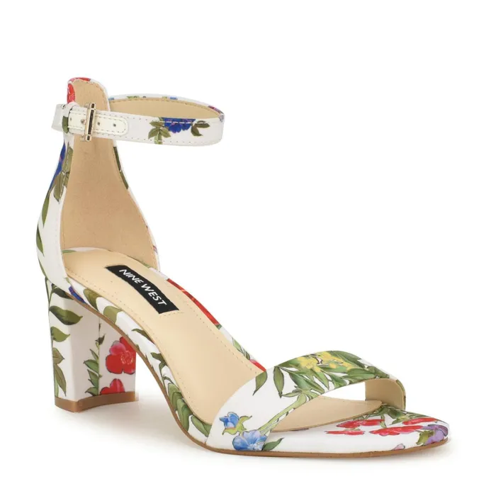 Pruce Ankle Strap Block Heel Sandals White Floral Women Nine West Mid Heels Pruce Ankle Strap Block Heel Sandals White Floral Women Nine West Mid Heels
