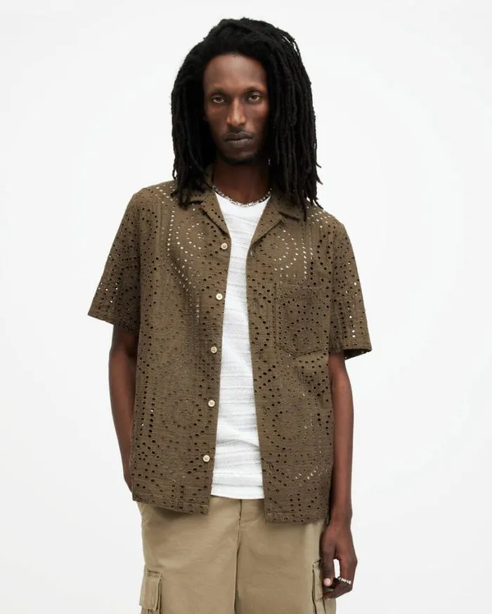 Pueblo Broderie Relaxed Fit Shirt Ash Khaki Green Men AllSaints Shirts