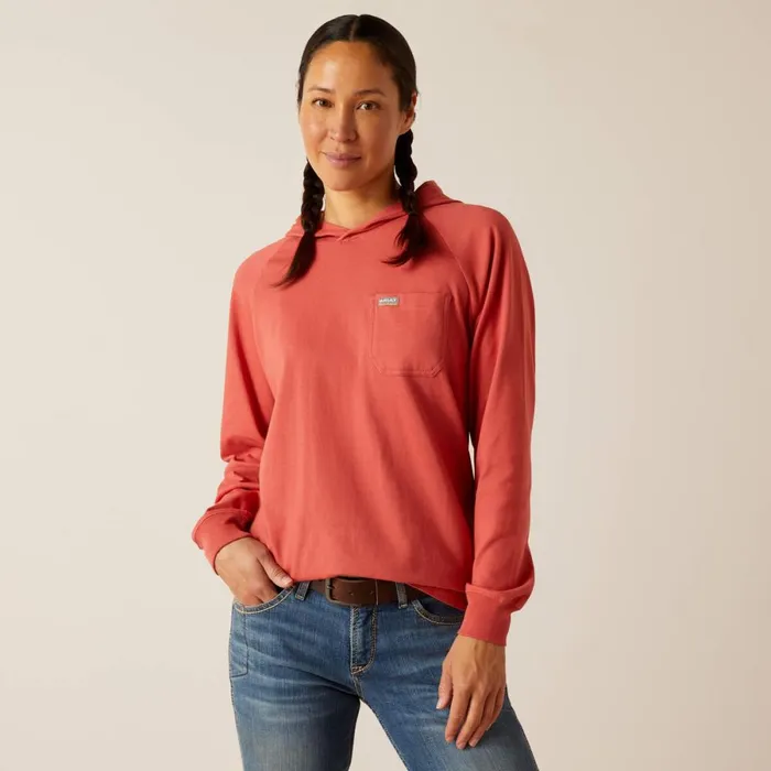 Rebar Cotton Strong Hooded TShirt Mineral Red Women Ariat TShirts and Tops